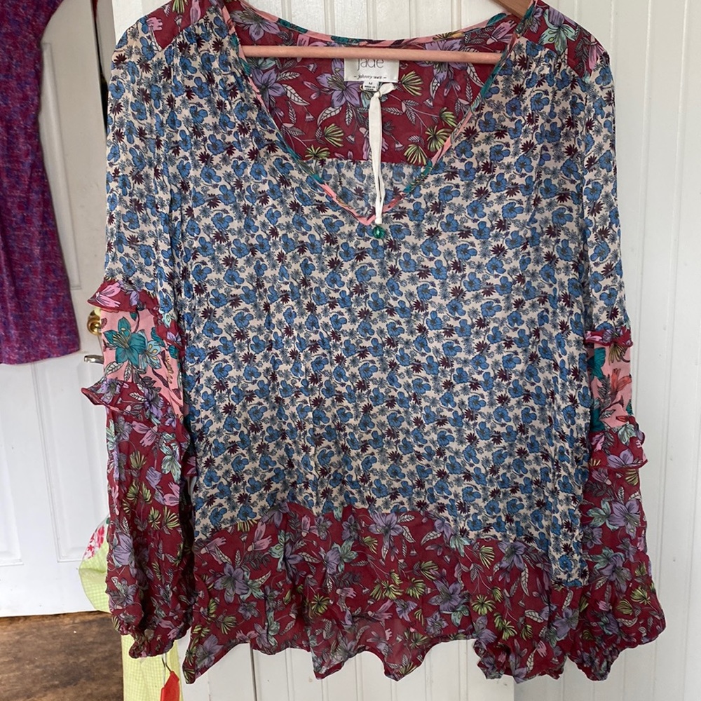 Johnny Was Medium Viscose Sheer Floral Top w/Flounce Sleeves